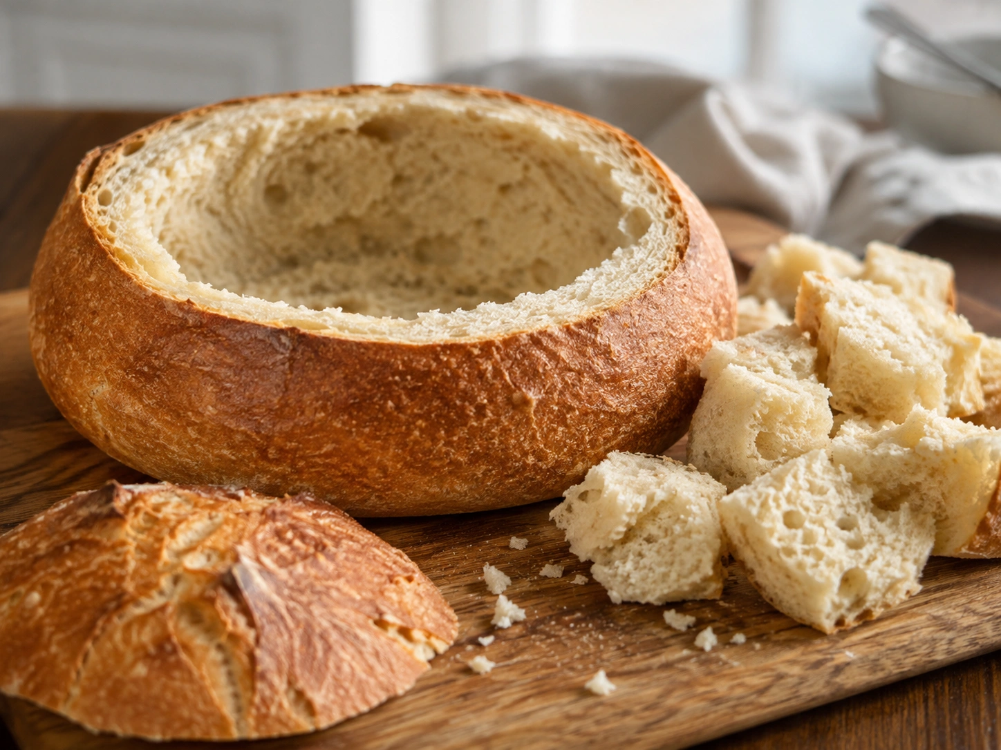 Hollowing out the round bread loaf to make a sturdy bread bowl